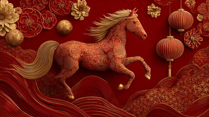 Chinese New Year horse illustration with traditional decorations