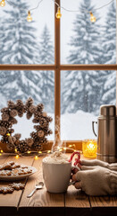 Hot chocolate with cream against a winter or Christmas background