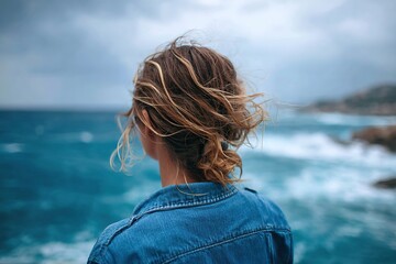 Woman standing alone by the sea with wind blowing through her hair on a cloudy day