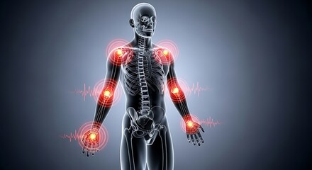 Human Skeletal Body with Highlighted Joint Pain and Inflammation in Shoulders, Elbows, and Wrists