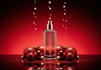 Festive perfume bottle with Christmas ornaments on a reflective surface