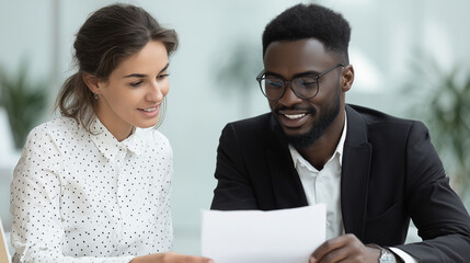 Black HR manager reviewing resume with Hispanic candidate, modern conference room, professional tone, bright neutral colors