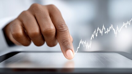 Hand tapping on a tablet screen displaying a rising graph in a modern setting