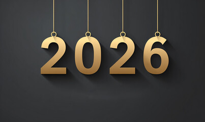 Metallic gold 2026 hangs against gray. Soft shadows create depth. Use for digital graphics, new year designs, posters.