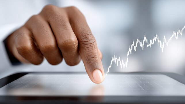 Hand tapping on a tablet screen displaying a rising graph in a modern setting