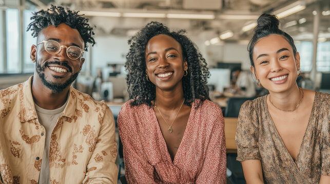 Interview moment with multicultural business professionals, natural body language, open office background, high realism - Powered by Adobe