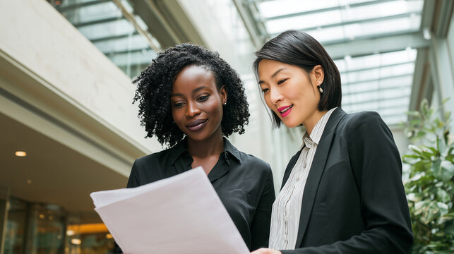 Middle Eastern female employer reviewing resume with Asian candidate, clean corporate interior, natural daylight
