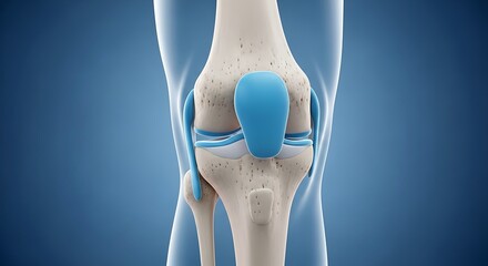 3D Medical Illustration of a Healthy Human Knee Joint Anatomy with Bones, Ligaments, and Cartilage on a Blue Background