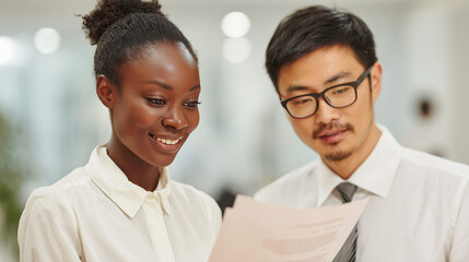 Black female recruiter reviewing printed CV with Asian male candidate, clean professional office background