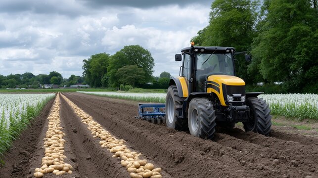 Potato harvesting with a tractor in a lush green field during cloudy weather