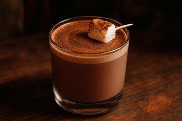 glass of hot chocolate with a toasted marshmallow on top on a dark surface