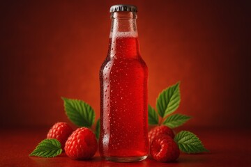 bottle of raspberry soda with condensation and fresh raspberries around it