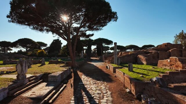The decumanus maximus in Ostia Antica, the old port of Rome, Lazio, Italy, dating back to the 7th century BC