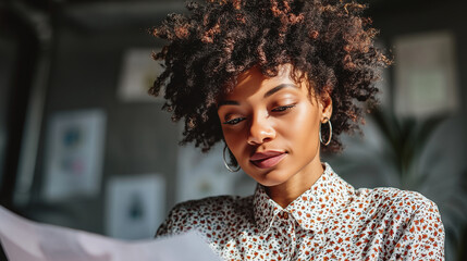 Female employer (African) looking through candidates portfolio booklet, soft natural light, professional clean workspace