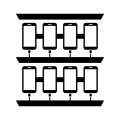 Bot farm icon. Fake social media accounts, powered by artificial intelligence. Network of bots run by fraudsters. Bot caller. SIM swap scam. Vector icon isolated on white background.