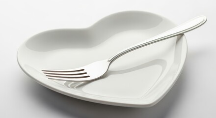 Heart-shaped plate with silver fork on white background  
