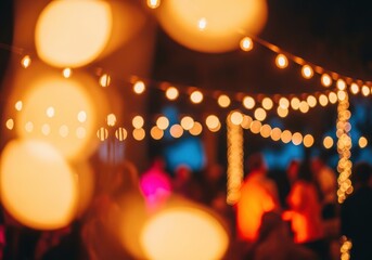 Warm bokeh lights illuminate a festive outdoor gathering at night