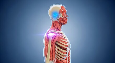 3D Human Anatomy Rendering: Muscular and Skeletal System with Shoulder and Ear Pain Highlighted