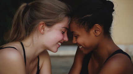 Two close friends, one of African descent and one Caucasian, are smiling and touching foreheads. They share a genuine connection in warm, natural lighting