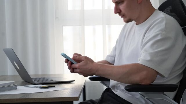 Typing on a touchscreen smartphone before sending.
A freelancer works remotely from home and writes an important message to a client.
Online correspondence with a client.
Internet, device, freelancer