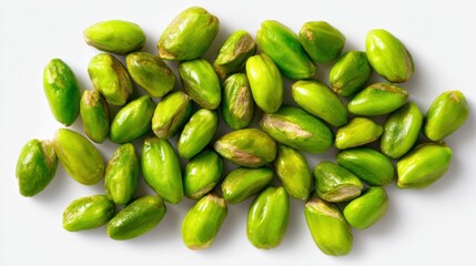 Fresh green pistachios scattered on white background
