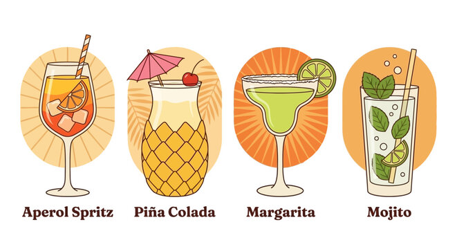 Delicious Cocktail Collection Aperol Spritz, Piña Colada, Margarita, and Mojito Vector Set