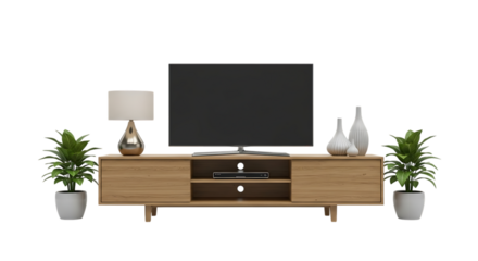 TV Stand, wooden with flat screen television lamp and potted plants, isolated on white or transparent background. PNG