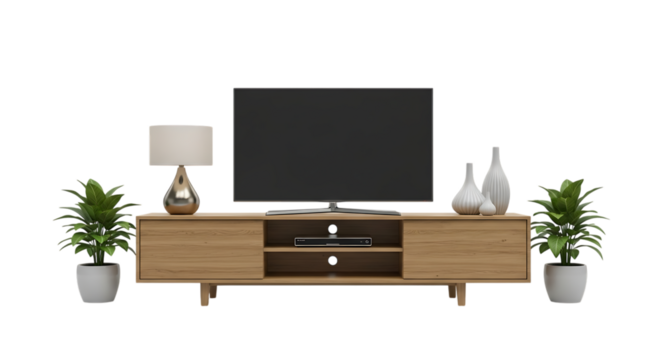 TV Stand, wooden with flat screen television lamp and potted plants, isolated on white or transparent background. PNG