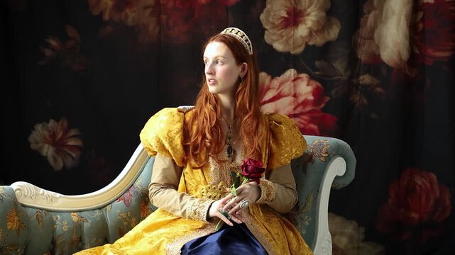 A red-haired woman wearing a gold Renaissance-style gown sits on an embroidered chaise holding a red rose