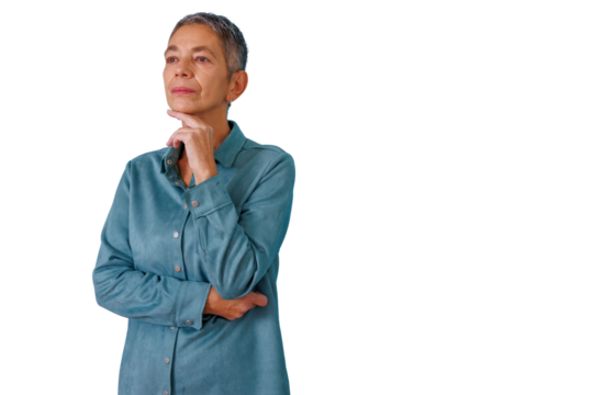 Senior businesswoman thinking and planning career future, looking away with thoughtful expression, transparent background