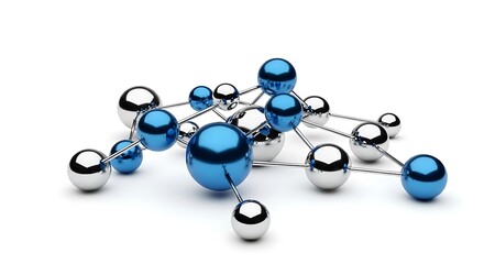 Abstract 3D Network Structure with Interconnected Blue and Silver Metallic Spheres on White