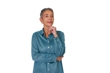 Mature woman with grey hair thinking and looking away, hand on chin, brainstorming. Transparent background