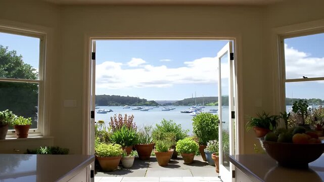 A bright coastal kitchen with expansive bay window and tranquil water view beyond