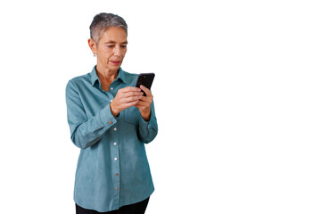 Mature woman interacting with mobile phone, communicating and learning new app on transparent background