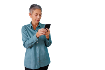 Mature woman interacting with mobile phone, communicating and learning new app on transparent background