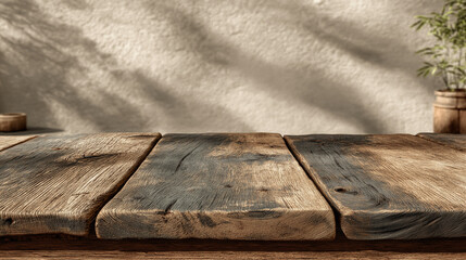 A weathered wooden table sits in front of a soft textured wall. Light streams in, casting leafy shadows on the backdrop, creating a peaceful, inviting scene