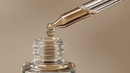 A glass dropper gently releases a golden liquid into a clear bottle. The scene suggests skincare, beauty, or a laboratory setting, bathed in neutral, soft, diffused light