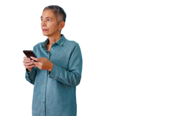 Senior woman using cell phone, communicating, looking away, connecting with technology on transparent background