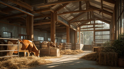 Cows eat hay inside a modern barn. Light streams through the windows, illuminating the hay strewn on the floor. Timber beams support the roof. Peaceful, rustic setting