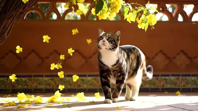 A calico cat confidently strolls across sunlit pavement beneath autumn leaves and a decorative wall