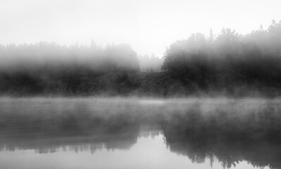 Moody vista on an inlet of the Baltic sea in Sweden, with fog rising off the water, obscuring a forest and reflection