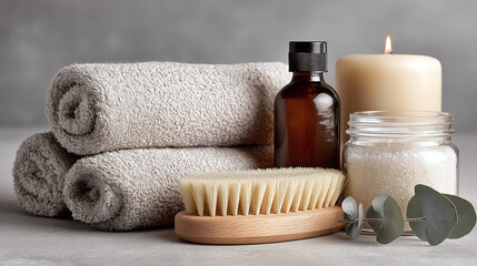 A calming spa scene unfolds with soft rolled towels, an essential oil bottle, a lit candle, bath salts in a jar, and a wooden brush arranged beautifully on a light stone background