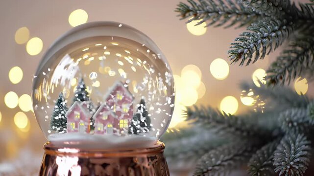 A Cozy Snow Globe Scene with Miniature Winter Village Inside Glass Sphere at Dusk