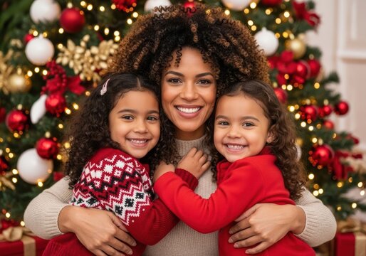 Happy family portrait with mother and daughters in front of a Christmas tree - Powered by Adobe