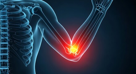 Painful Human Elbow Joint X-ray: 3D render of the skeletal arm and torso with a glowing red and yellow highlight on the elbow, symbolizing injury or inflammation.