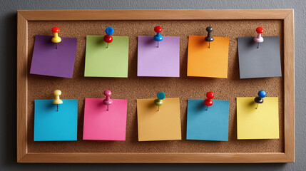 A Cork bulletin board displays ten square notes in various colors, each held in place by a push pin, against a neutral grey wall, creating a visually appealing organization system