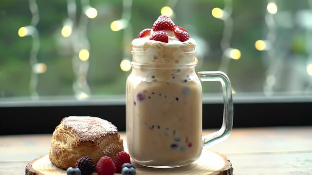 A cozy whipped-cream-topped beverage beside a rustic pastry on a wooden table under twinkling string lights