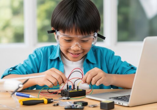 young boy working on electronics project with wires, circuits, and a laptop