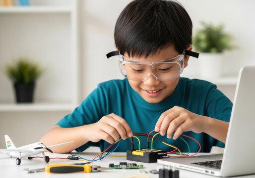 Young boy working on an electronics project with wires and a laptop - Powered by Adobe