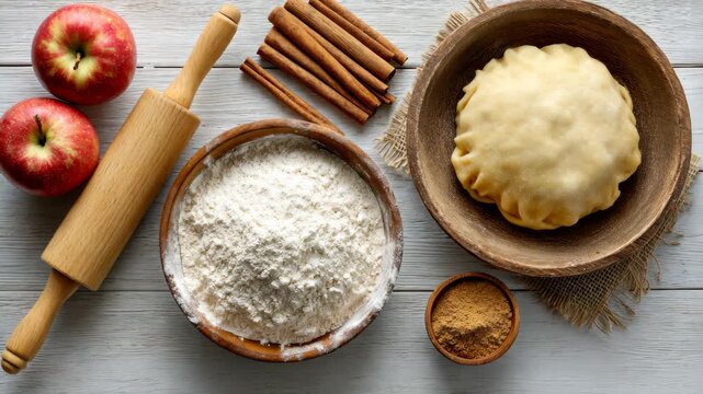 Baking process: dough preparation, apple pie assembly, and baking essentials in kitchen setting